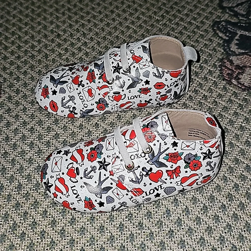 Monkey Feet USA leather shoes love tattoo print design nwot multicolored S3